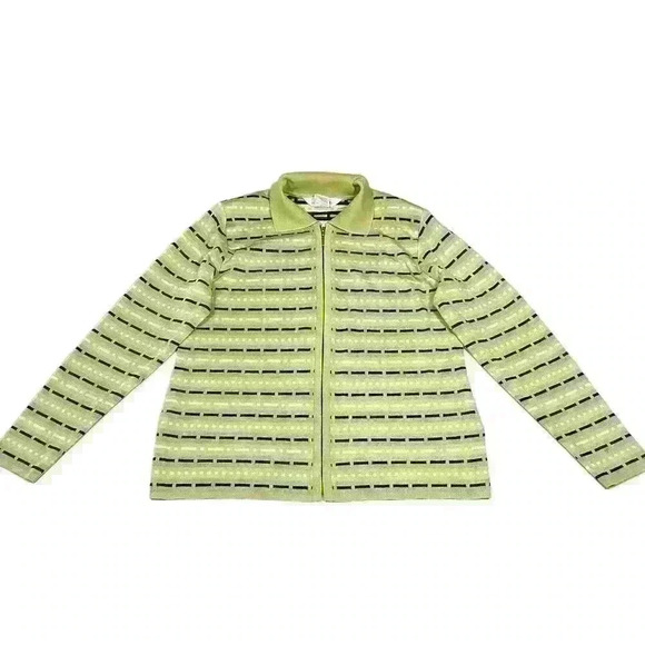 MISOOK Knit Zip Collared Sweater Cardigan Jacket Green Black White Dash Women M - Picture 1 of 10